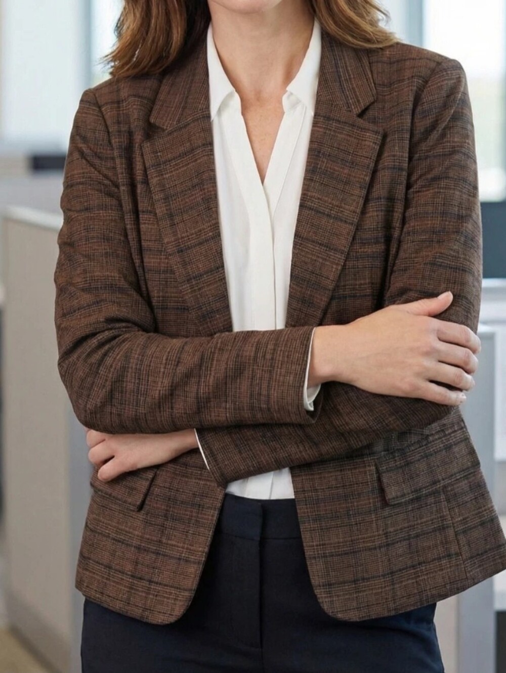 new CROFT & BARROW size XL Single Button Notched Lapel Plaid Blazer Brown Career